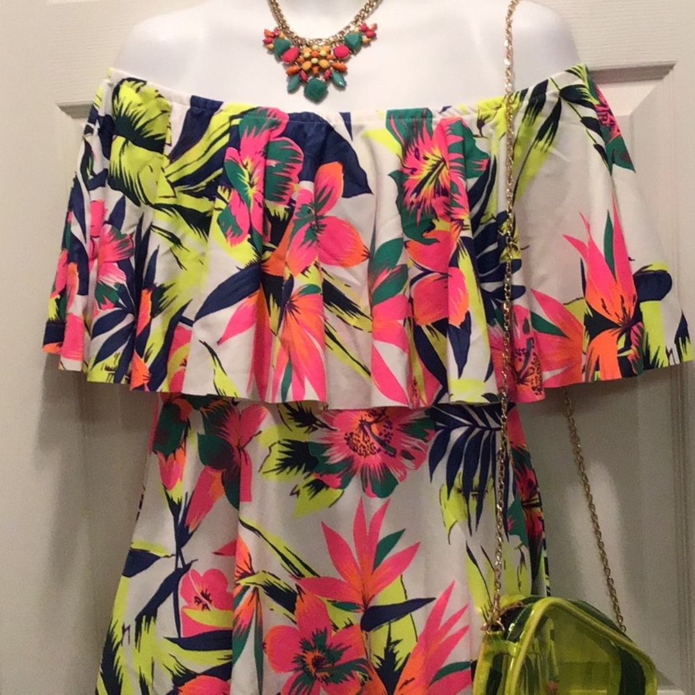 Off-Shoulder Tropical Print Mini Dress - Neon Floral - Picture 3 of 6